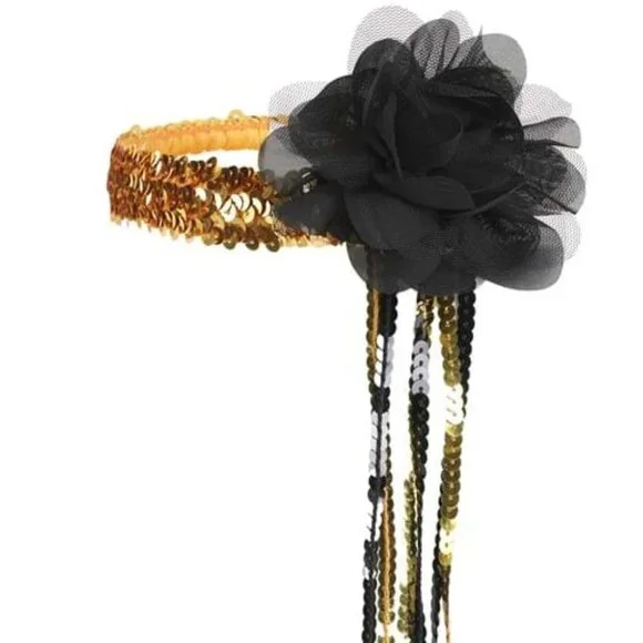 NWT [Halloween Costumes] Gold Sequin Black Flower Flapper Headband Women's OS - Picture 2 of 2